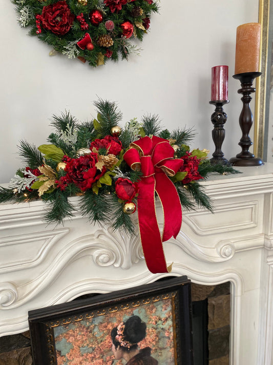 Adorable Red Velvet Garland, Mantle Centerpiece with large Bow. 36inch FREE SHIPPING,  Artificial, 48 LED light with  Timer,