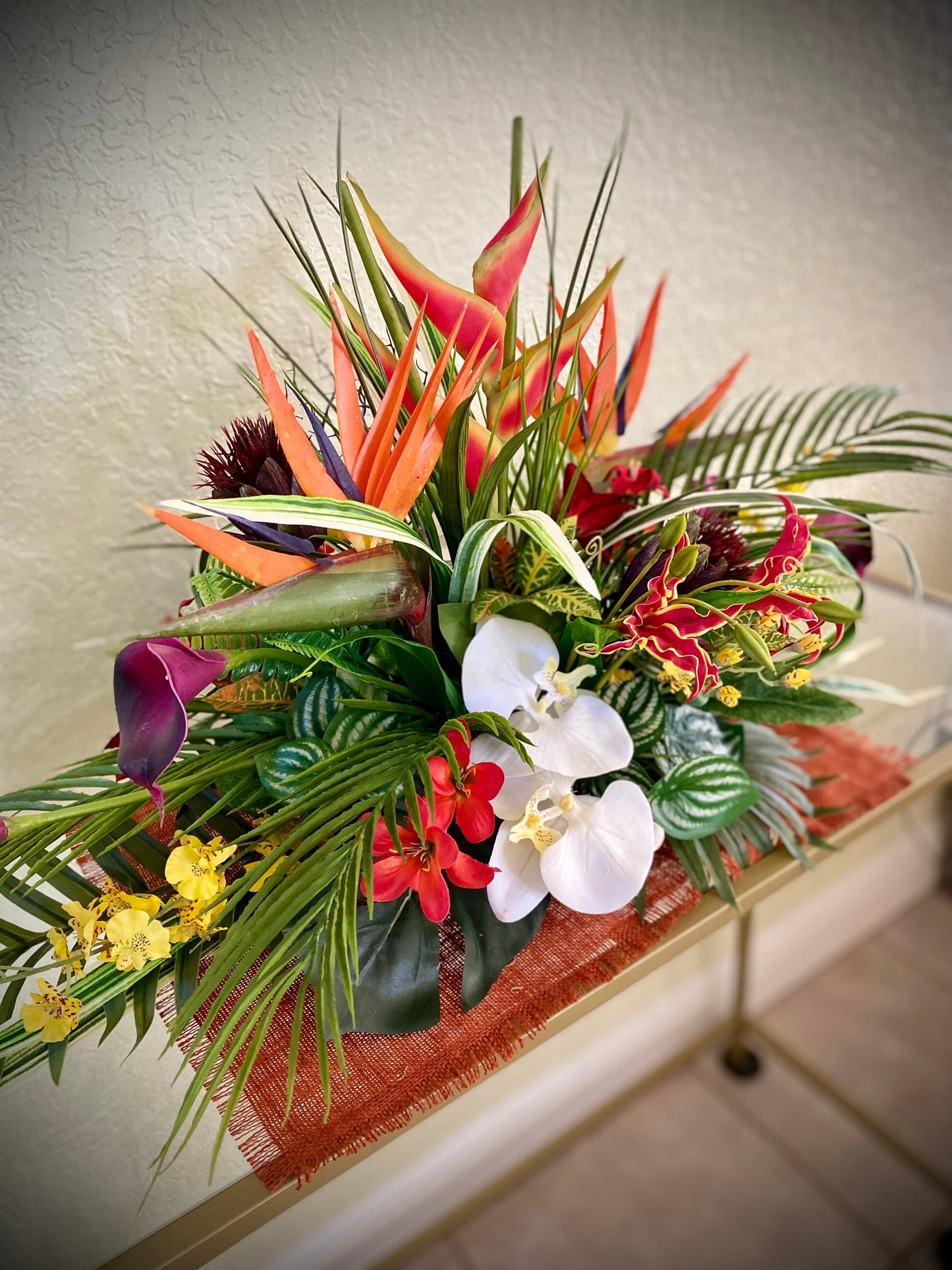 Large Artificial Tropical Heliconia Arrangement /   Faux 32" Floral Centerpiece with Coral Fan.