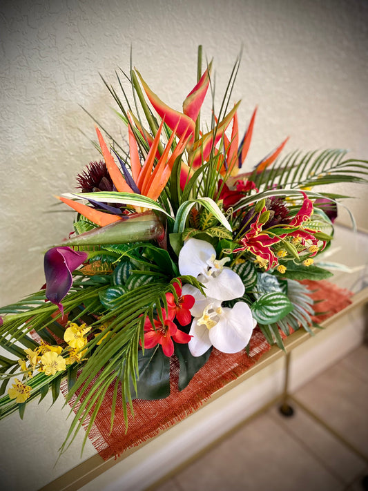 Heliconia and Coral Fan Faux Floral Centerpiece, Tropical Arrangement (32x15x17)
