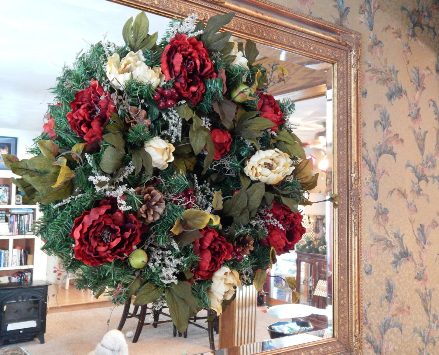 Red Peony Spring Wreath, Pine Cones & Moss Door Decor