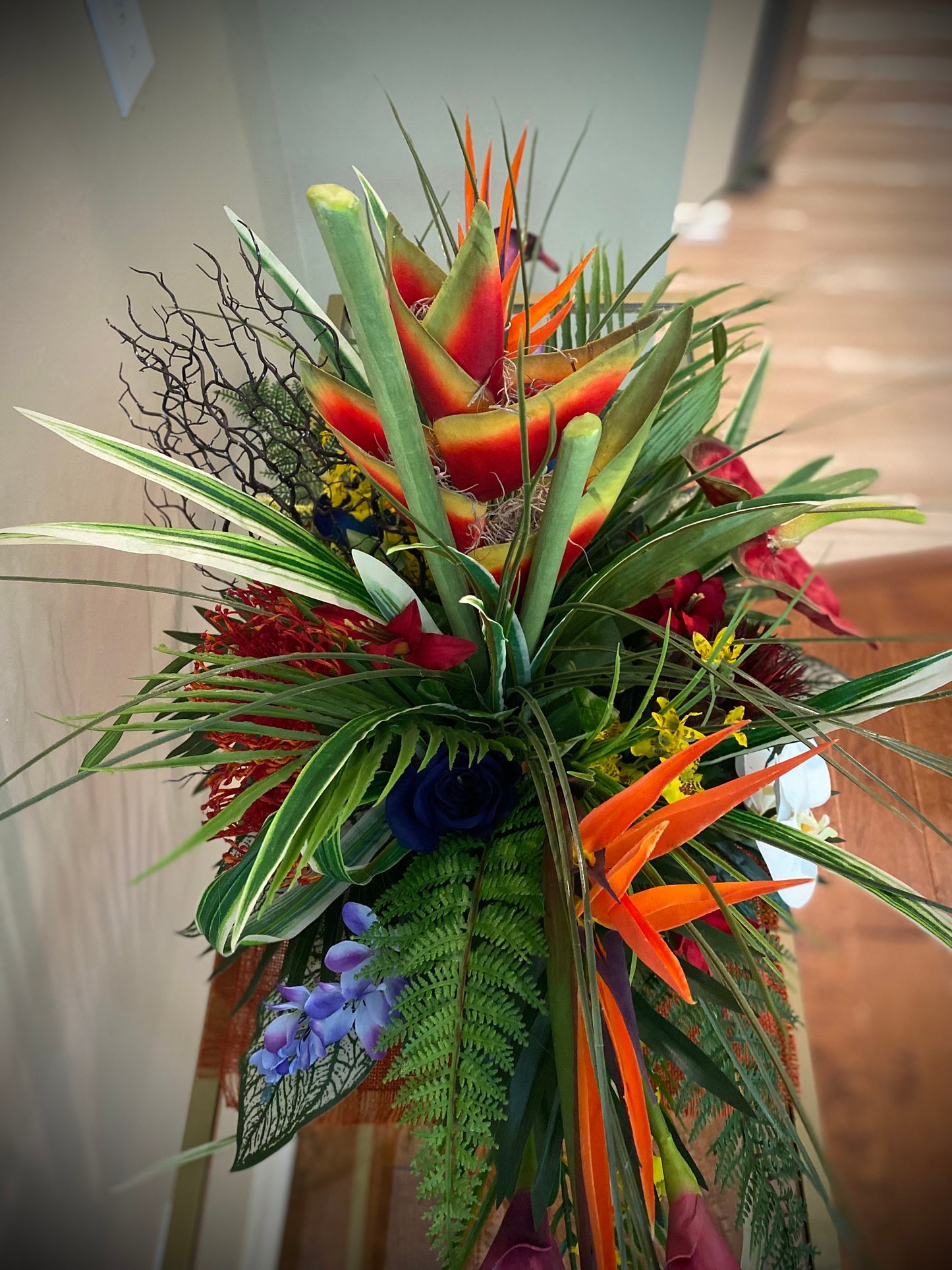 Heliconia and Blue Paradise Accent. Amazingly life like Arrangement. Artificial. Bird of paradise, Orchid and Coral fan. 30"x16"x17" h