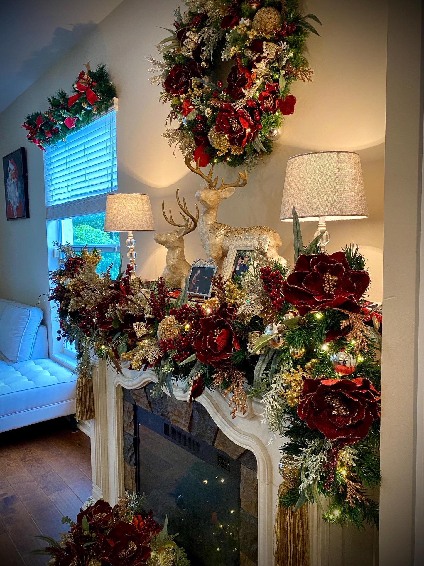 Signature Design, 3 pc set .   Stunning “Pinot Noir Magnolia”  Wreath,Garland and Center Piece,  Cordless LED light with Automatic Timer,