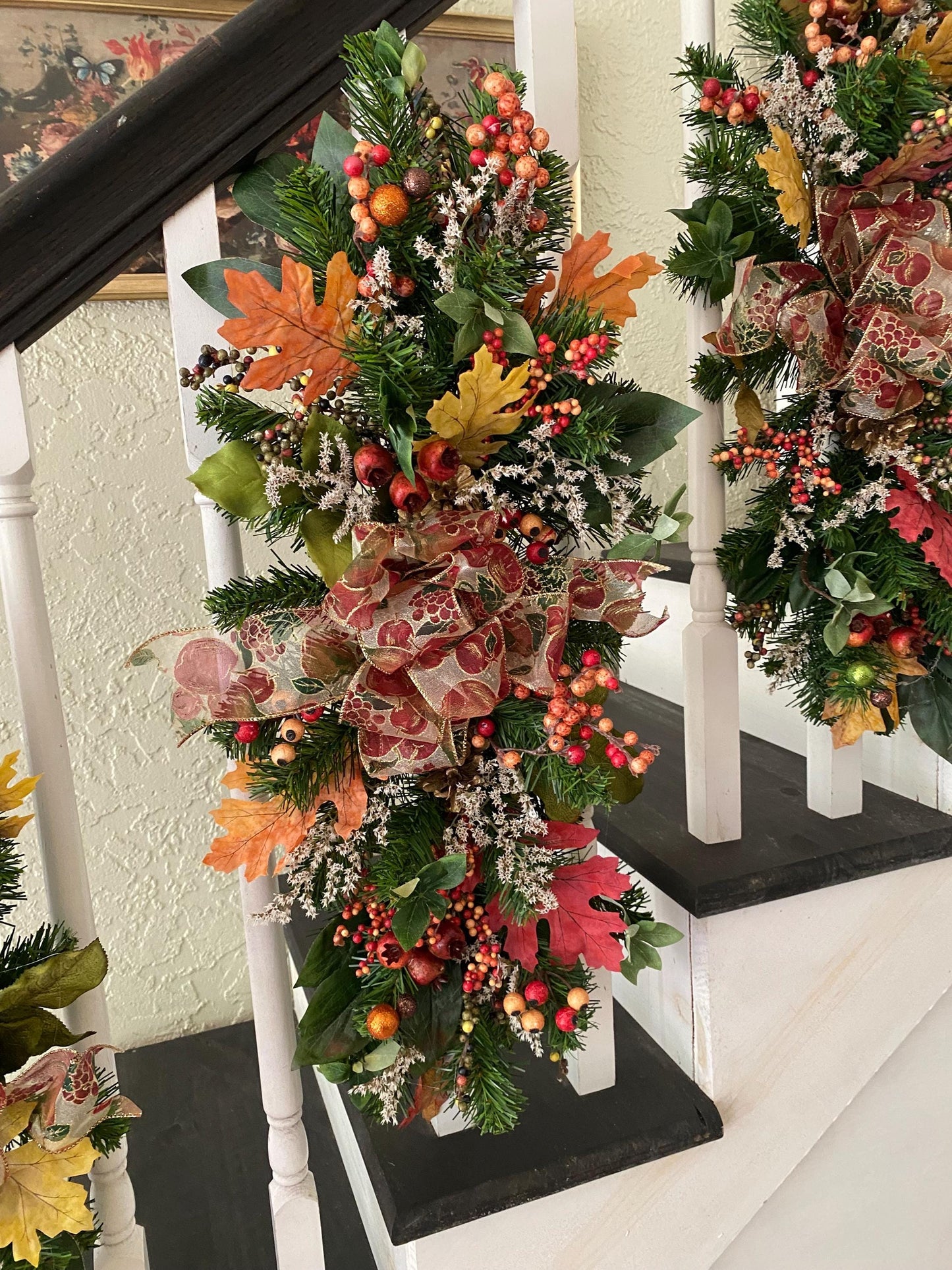 Fall Luxury 3 pc Set Thanksgiving Swag for Stairs,  Artificial Decor (Pre Lit with Automatic Timer) Free Shipping, Orange, Vertical Swags.