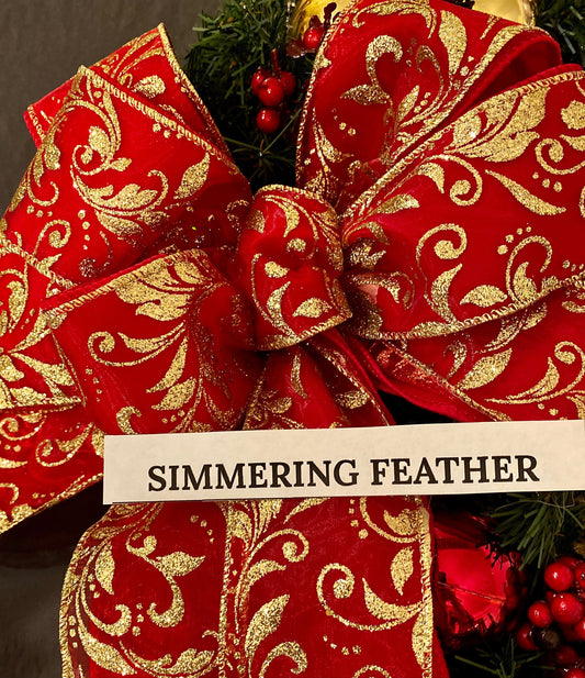 Red Velvet Christmas Bow, Gold  Simmering Feather, Wire Edge Ribbon