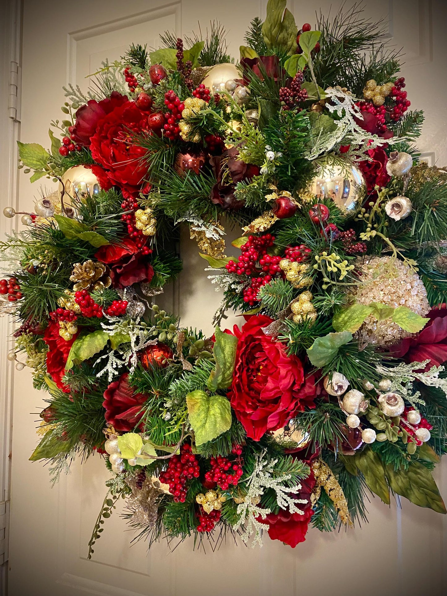 Wonderful Holiday Red Peony Wreath 2025 design.  Red Peony Artificial Wreath, 26" and up, LED cordless light. Free Shippings.