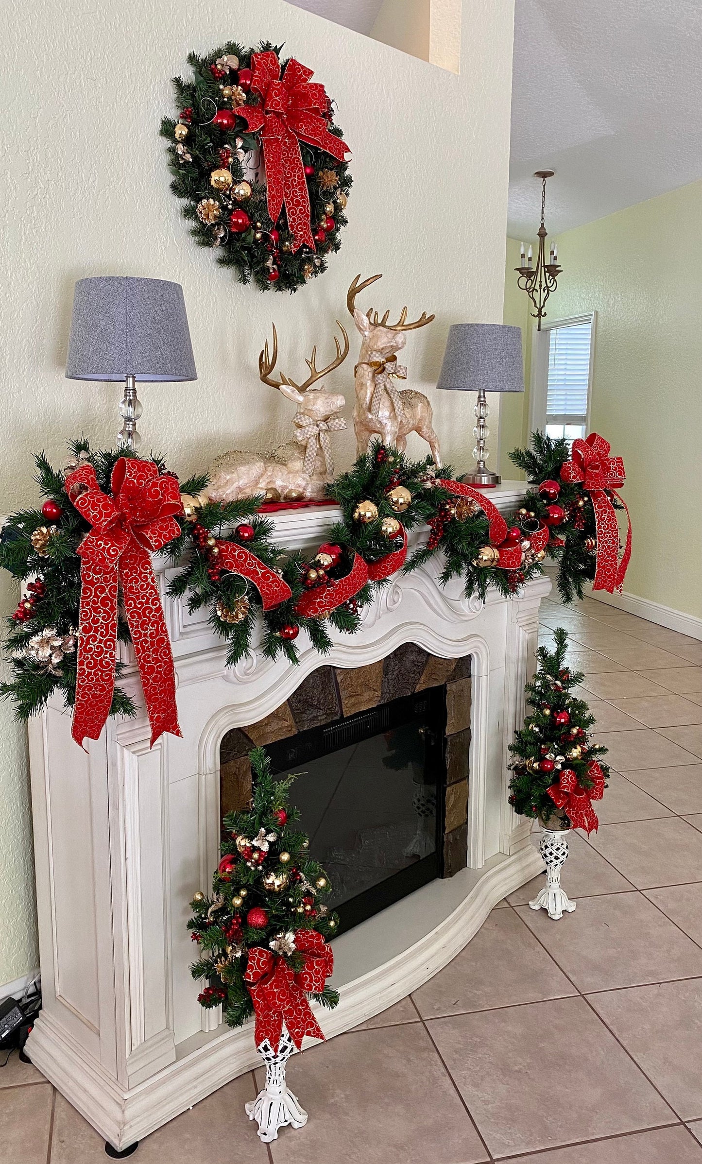 Red Swirl Ribbon Set of 4pc, Garland and 2 Topiaries. FREE SHIPPING. Cordless, Pre-lit, Timer.