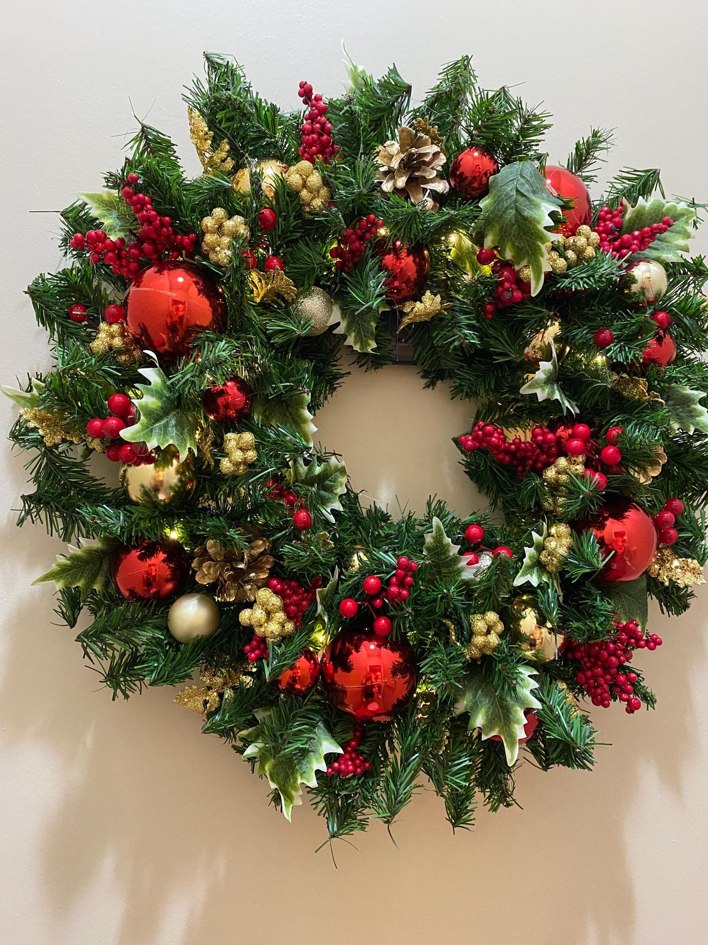 Red Holly Berry Christmas Wreath with Timer Lights, 23Inch Holiday Front Door Decor,