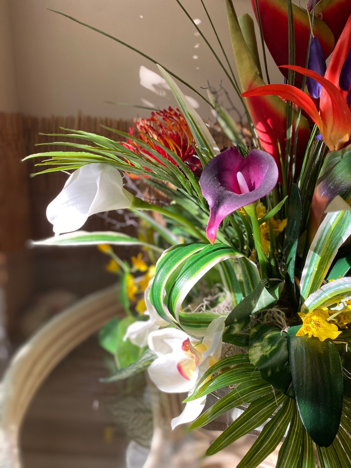 Exotic Hawaiian Heliconia Arrangement: Bird of Paradise, Purple Protea, Coral Fan (20”x13”)