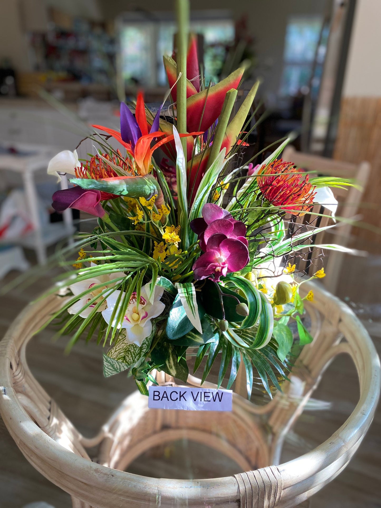 Exotic Hawaiian Heliconia Arrangement: Bird of Paradise, Purple Protea, Coral Fan (20”x13”)