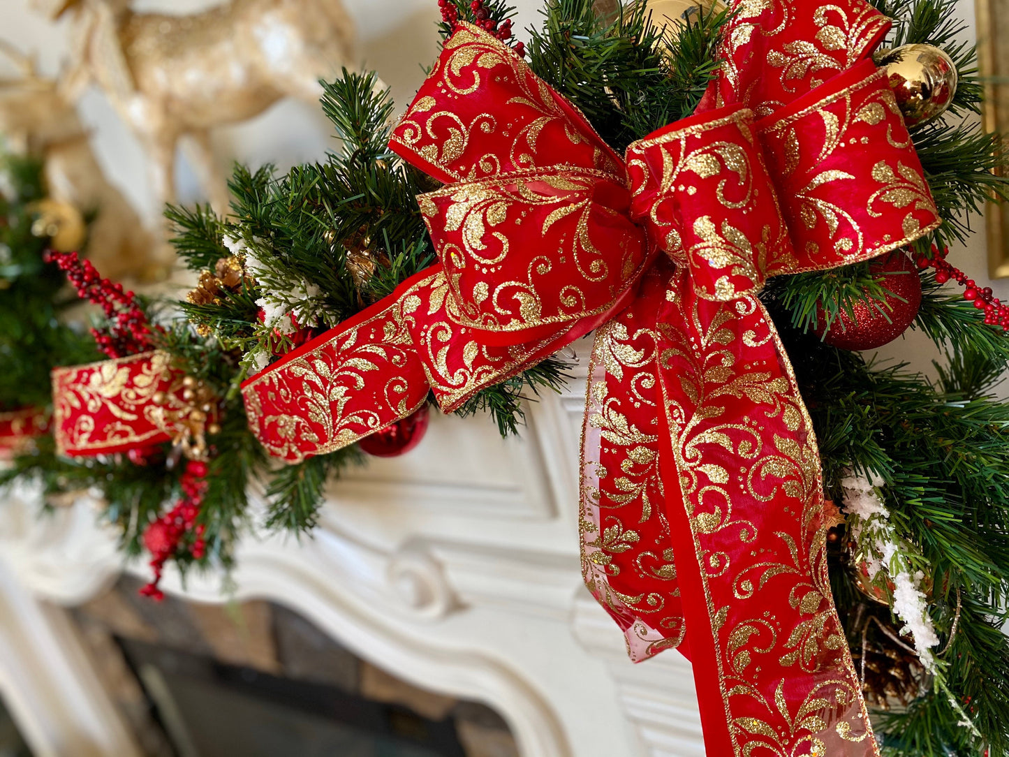 Christmas Garland. Red Velvet Ribbon with gold trimmings/ backing, Cordless, FREE SHIPPING,  50 LED light cordless with timer,
