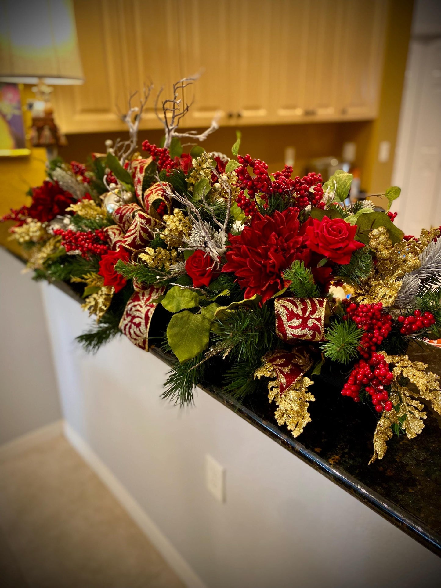 Luxury XL Holiday  Table Centerpiece . Artificial 45”  long  Velvety Wine Red flwerlet . Perfect  for a large table.