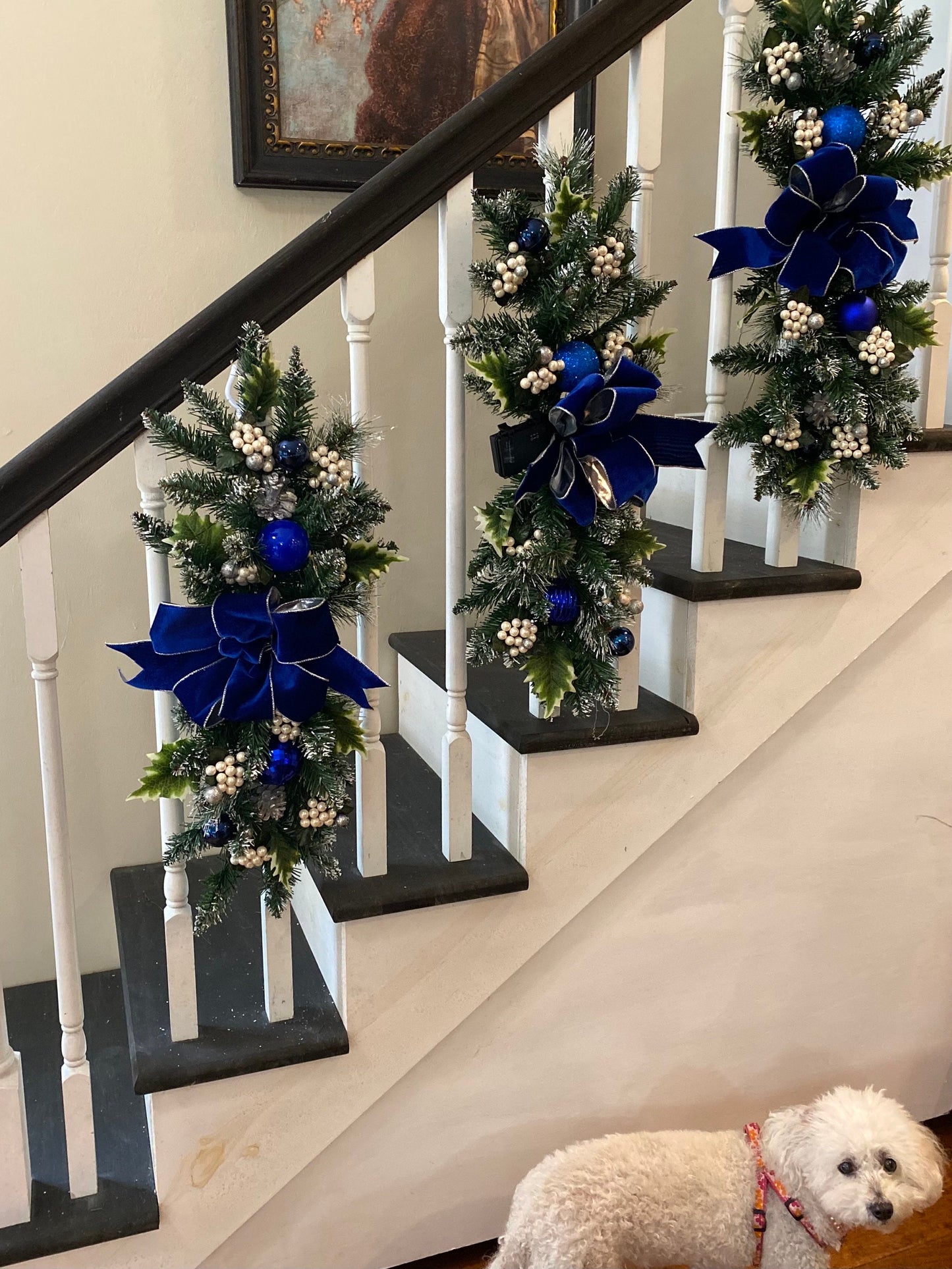 Luxury 3 pc Set Royal Blue Christmas Swag for Stairs,  Pre Lit with Automatic Timer Free Shipping,Artificial Vertical Swags.
