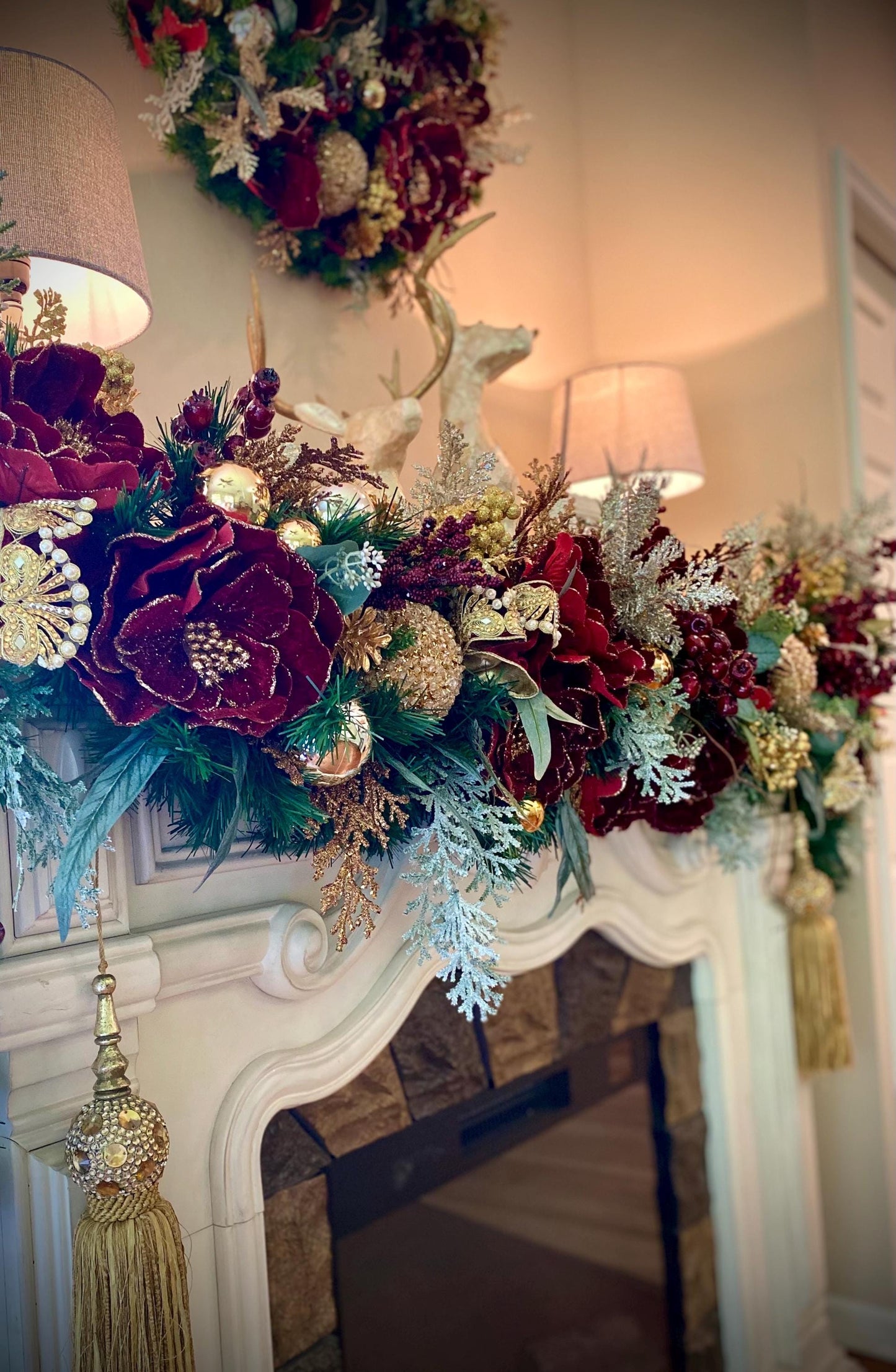 Signature Design, 3 pc set .   Stunning “Pinot Noir Magnolia”  Wreath,Garland and Center Piece,  Cordless LED light with Automatic Timer,