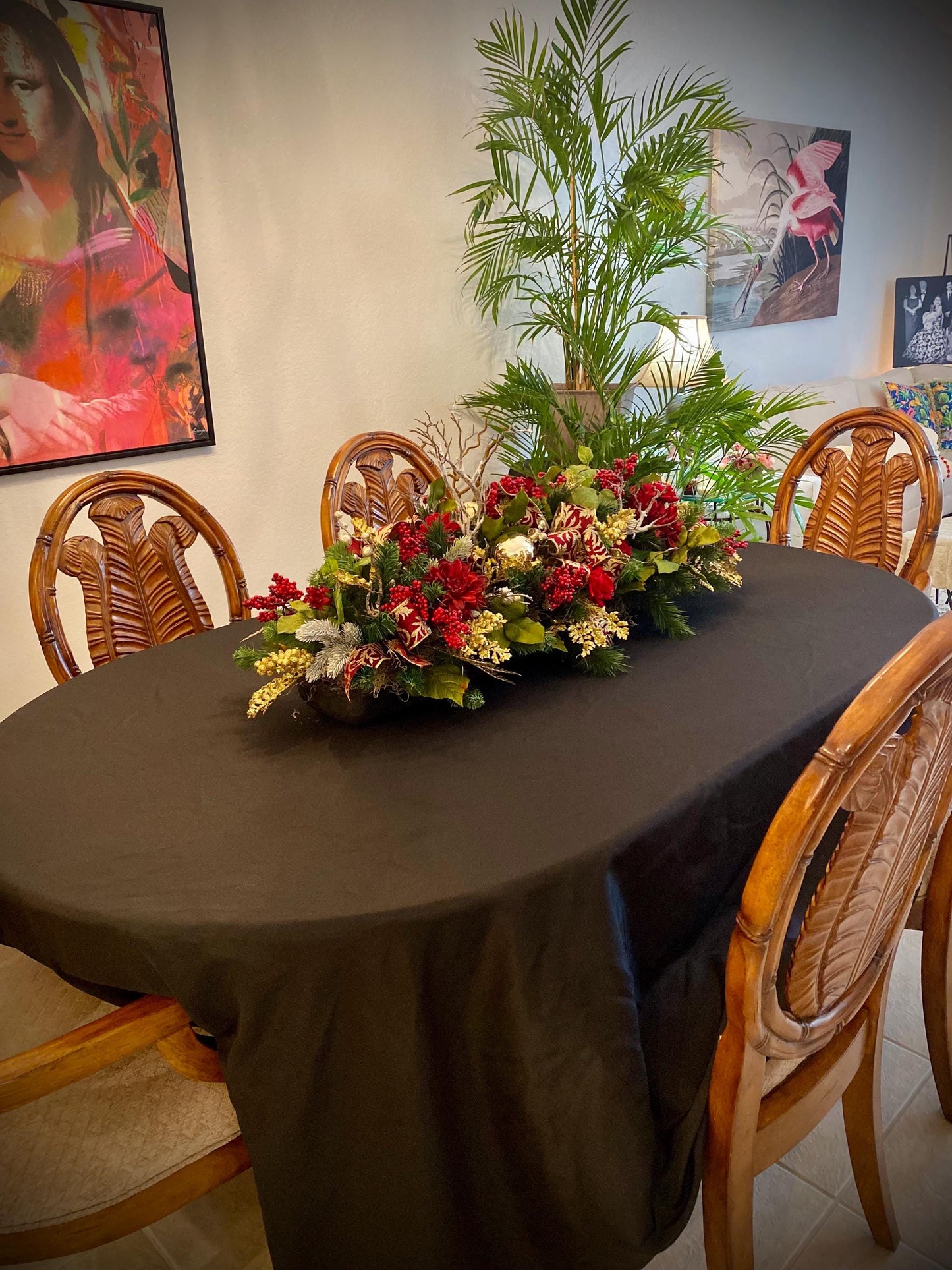 Luxury XL Holiday  Table Centerpiece . Artificial 45”  long  Velvety Wine Red flwerlet . Perfect  for a large table.