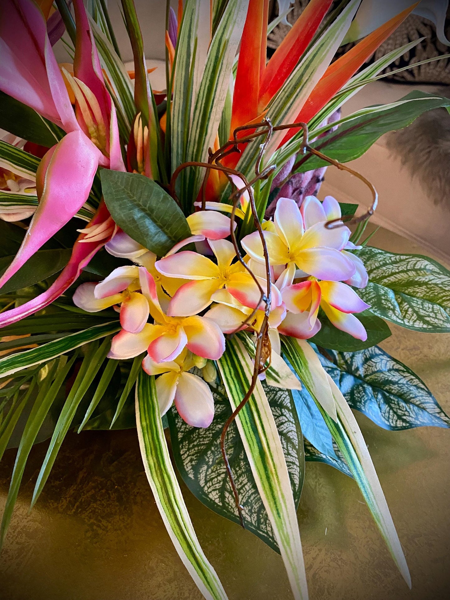 Paradise Found. 18x18x15  Tropical Centerpiece.  Beautiful Bird of paradise, King Protea, Orchids stems.  Artificial, Faux, Silk,