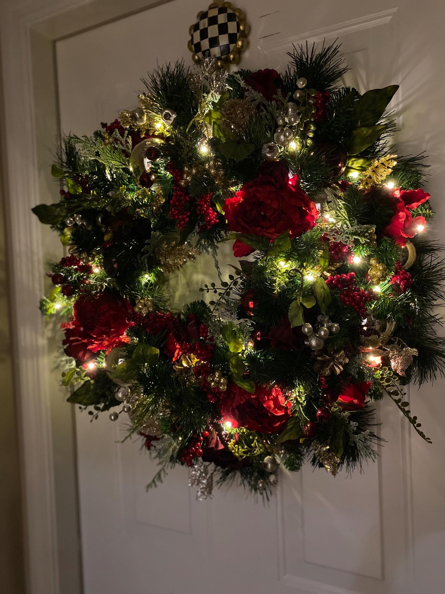 Luxury Red Peony Christmas Wreath and Garland Set, Cordless Pre-lit Decor