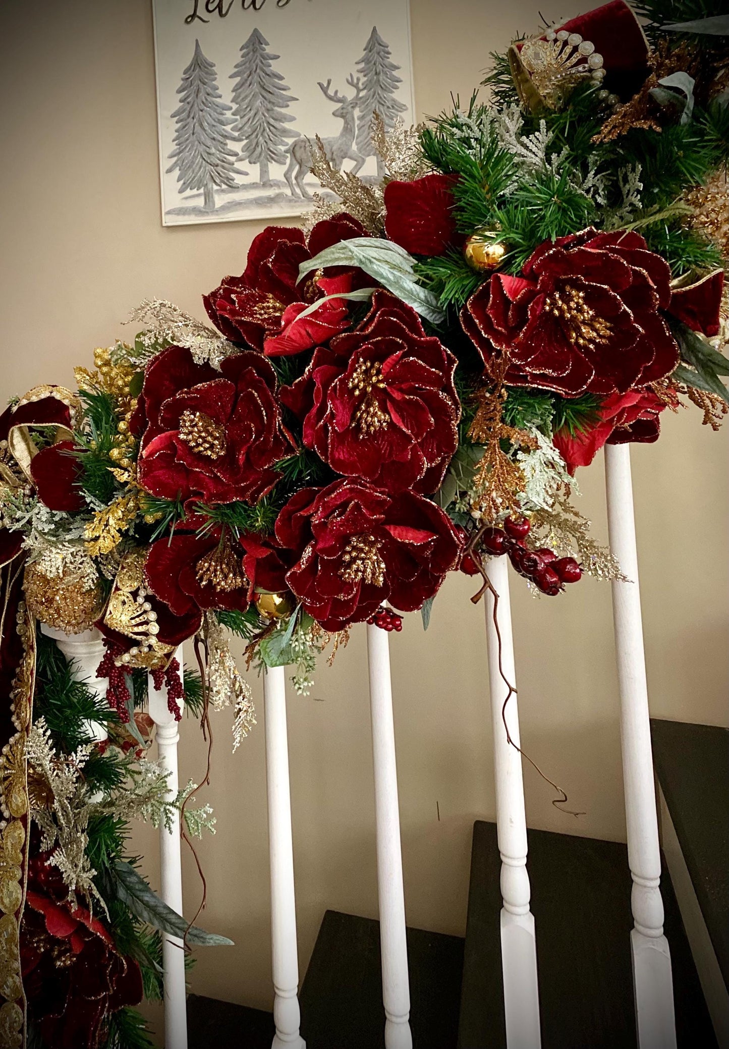 Signature Design, 3 pc set .   Stunning “Pinot Noir Magnolia”  Wreath,Garland and Center Piece,  Cordless LED light with Automatic Timer,