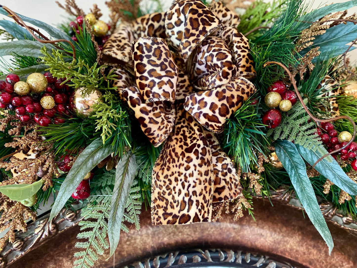 Signature  Leopard Ribbon Swag. Luxury Wide Designer Ribbon.,  Artificial Swag ,  LED Light with Auto 6 hours on timer