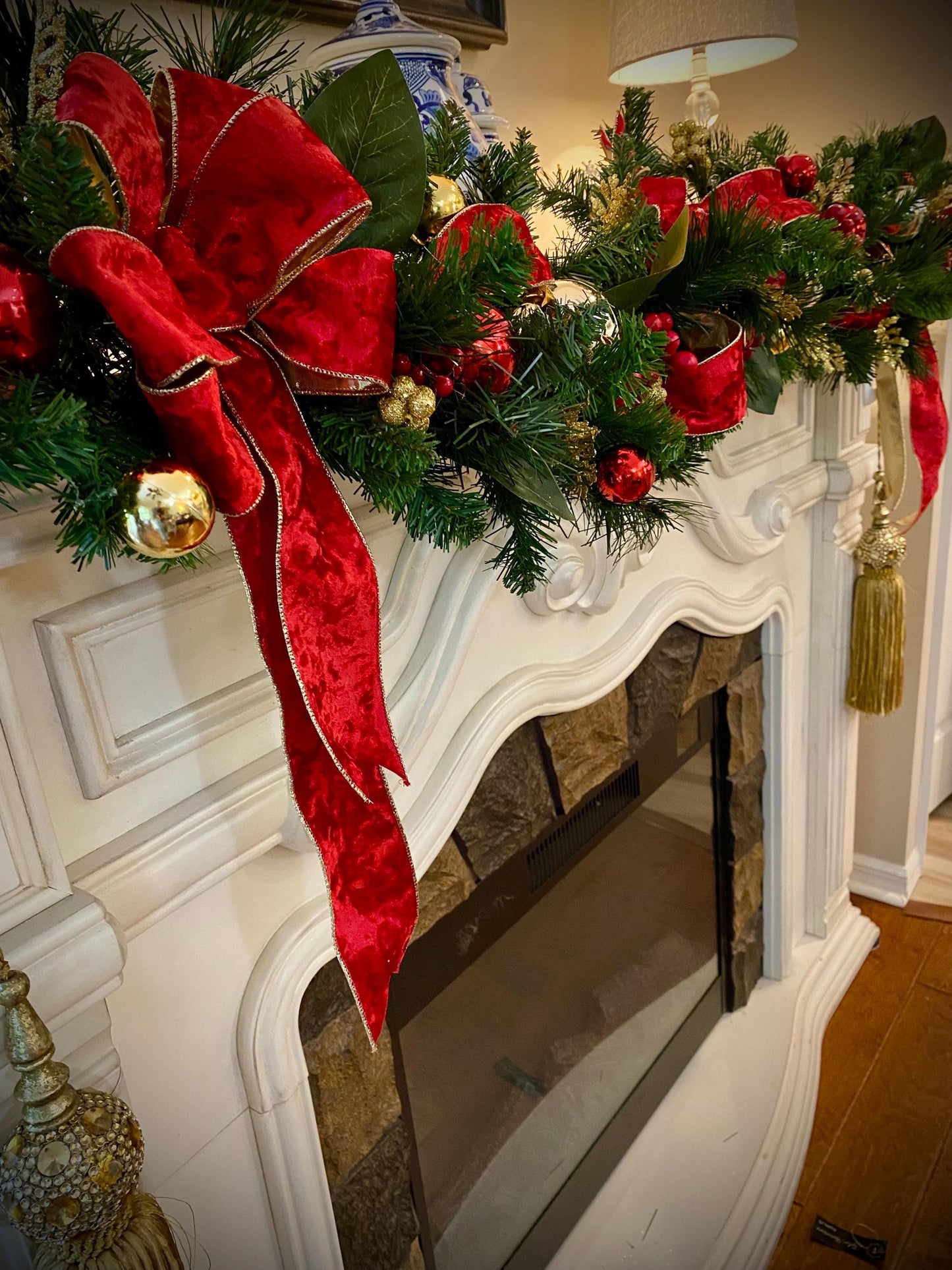 Red Velvet Christmas Garland, Gold Trim, Cordless 50 LED Lights
