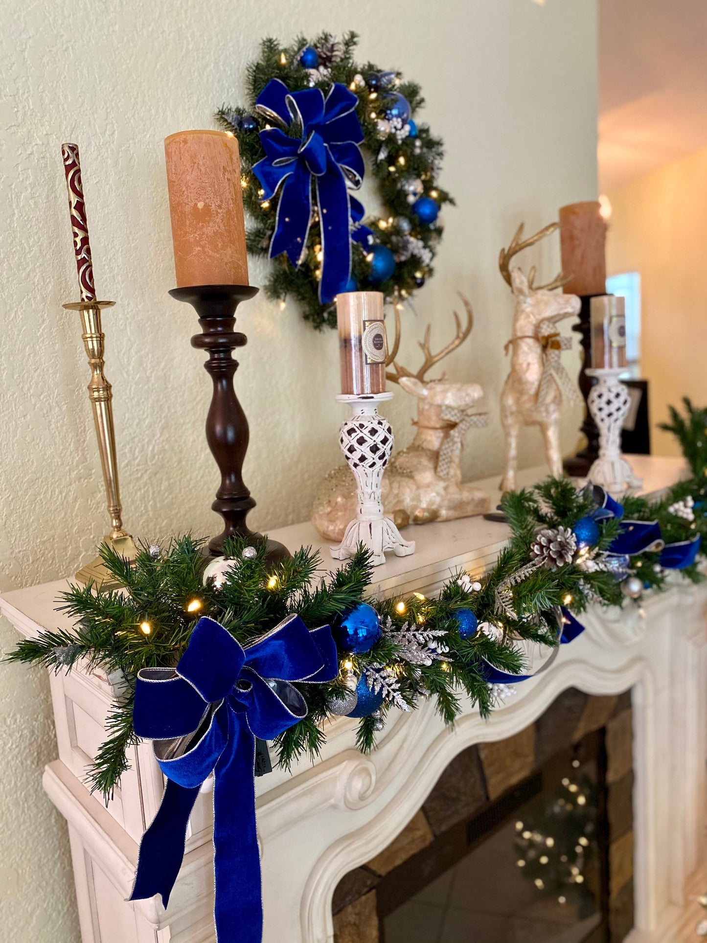 Set of 4pc,  Christmas Blue Velvet Wreath, Garland and 2 Topiaries. Cordless, Pre-lit, Pre-Decorated,