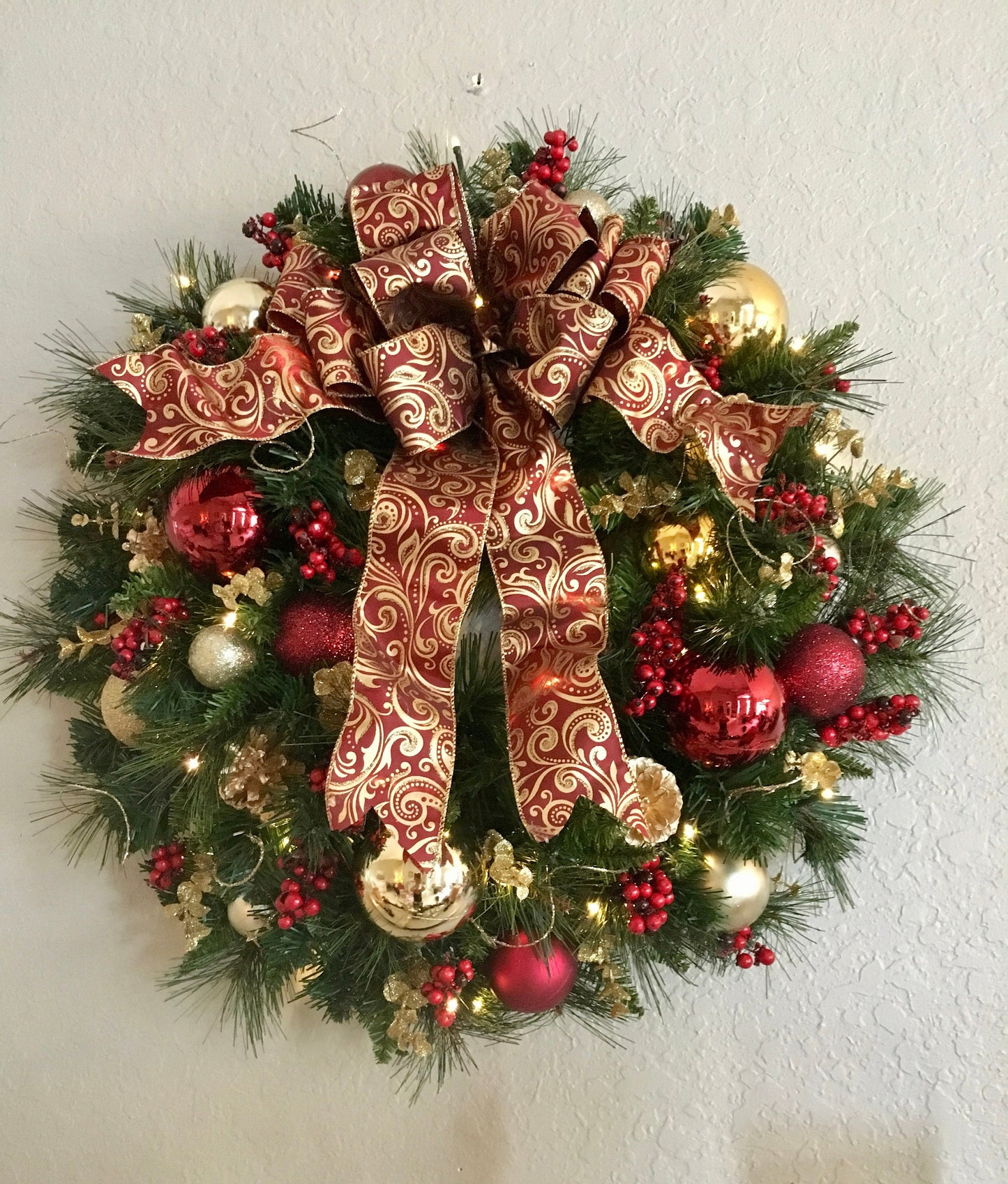 Burgundy Gold Christmas Wreath, LED Lighted with Timer