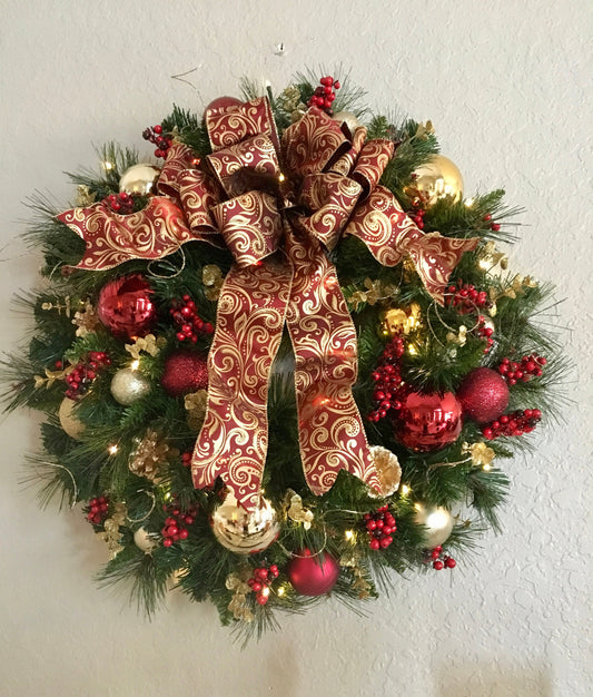 Burgundy Gold Christmas Wreath, LED Lighted with Timer
