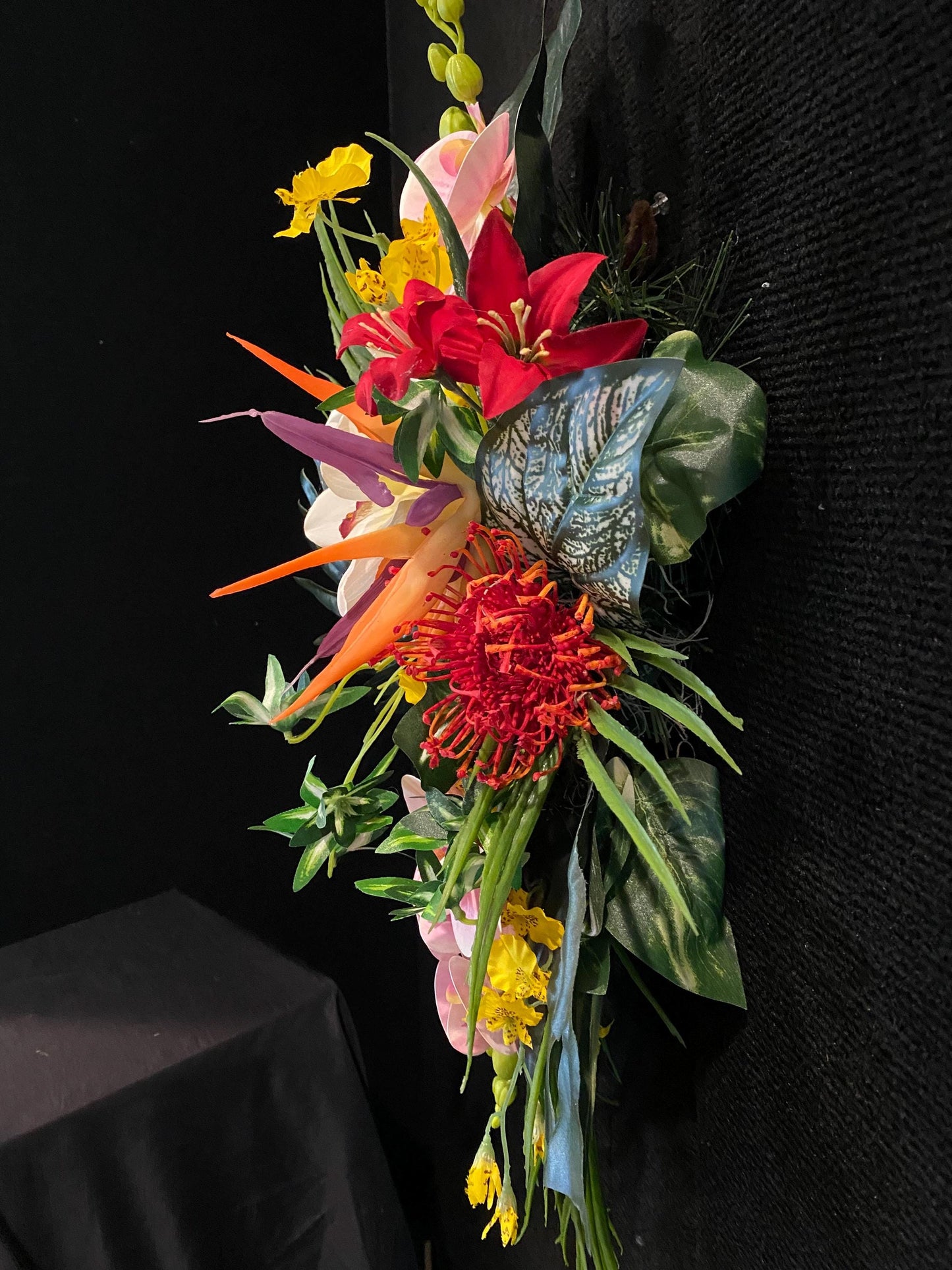Paradise found. Fabulous Party Corner  Decorations . Tropical Centerpiece. Bird of Paradise, Arrangement, Artificial, Faux, Silk,