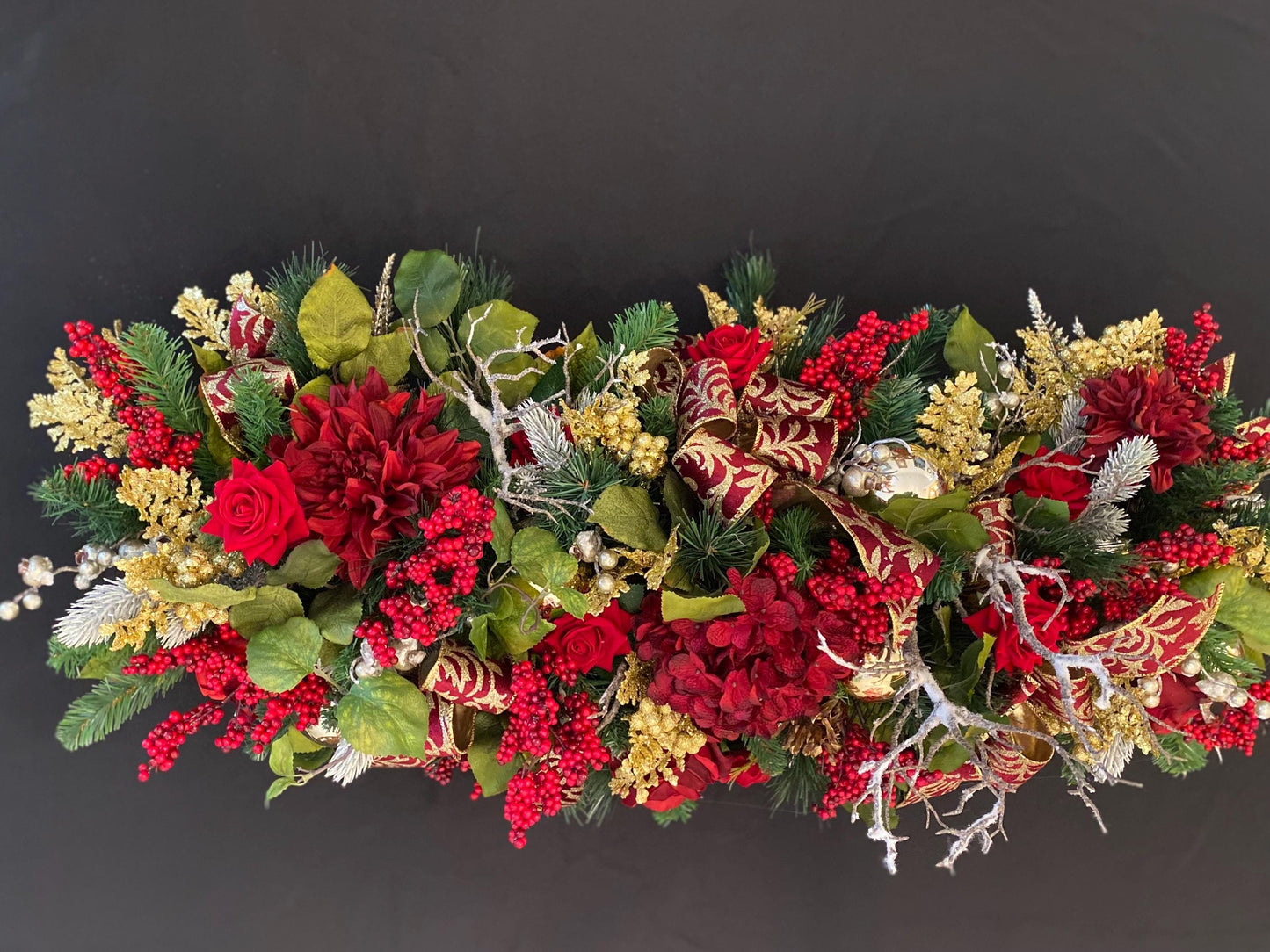 Luxury XL Holiday  Table Centerpiece . Artificial 45”  long  Velvety Wine Red flwerlet . Perfect  for a large table.