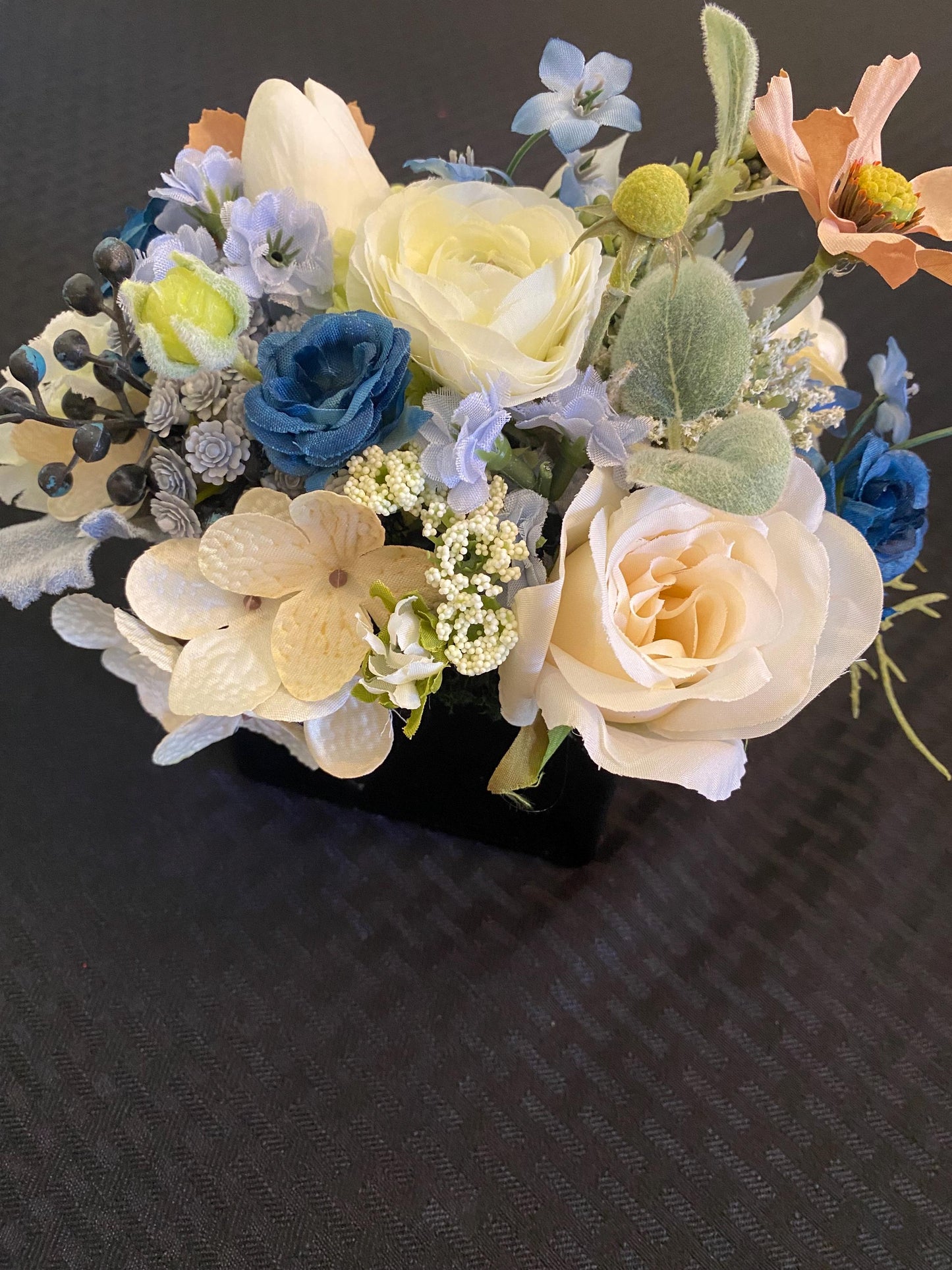 Little Blue Pavey Nosegay Beautiful Ranunculus and roses in black glass cube. Baby blue and ivory, Artificial ,  7"x7"