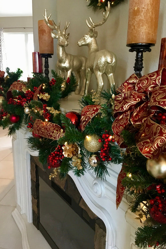 Burgundy Gold Christmas Garland, 48 LED Lights, 6 ft