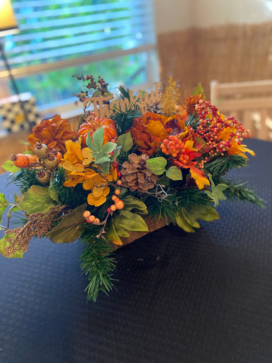 Thanksgiving Centerpiece with Pumpkin & Peonies Mix, Fall Basket Arrangement, Autumn Table Decor