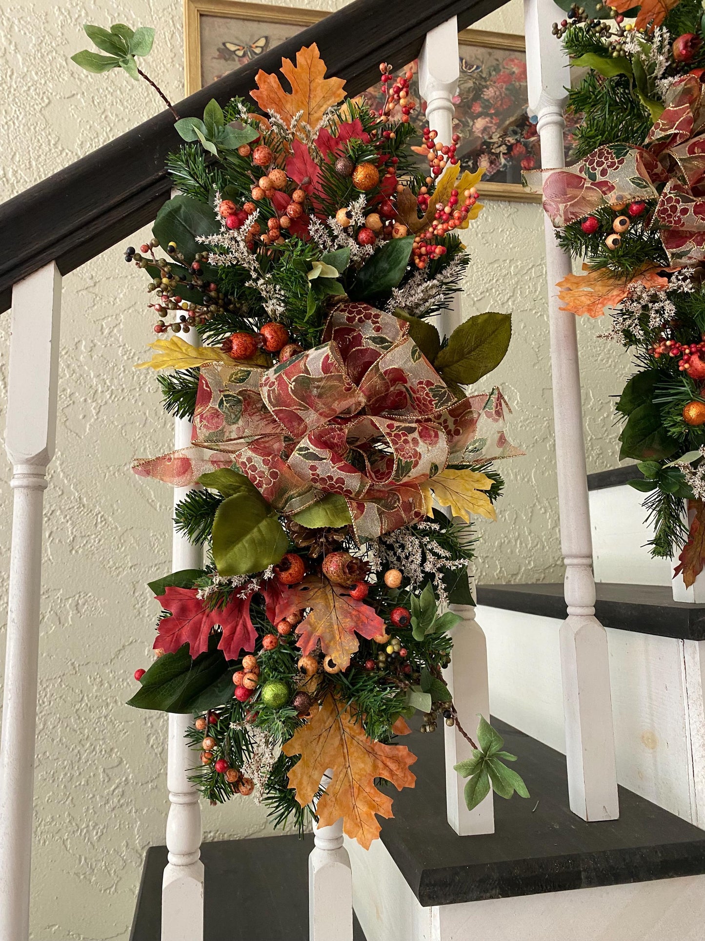 Fall Luxury 3 pc Set Thanksgiving Swag for Stairs,  Artificial Decor (Pre Lit with Automatic Timer) Free Shipping, Orange, Vertical Swags.