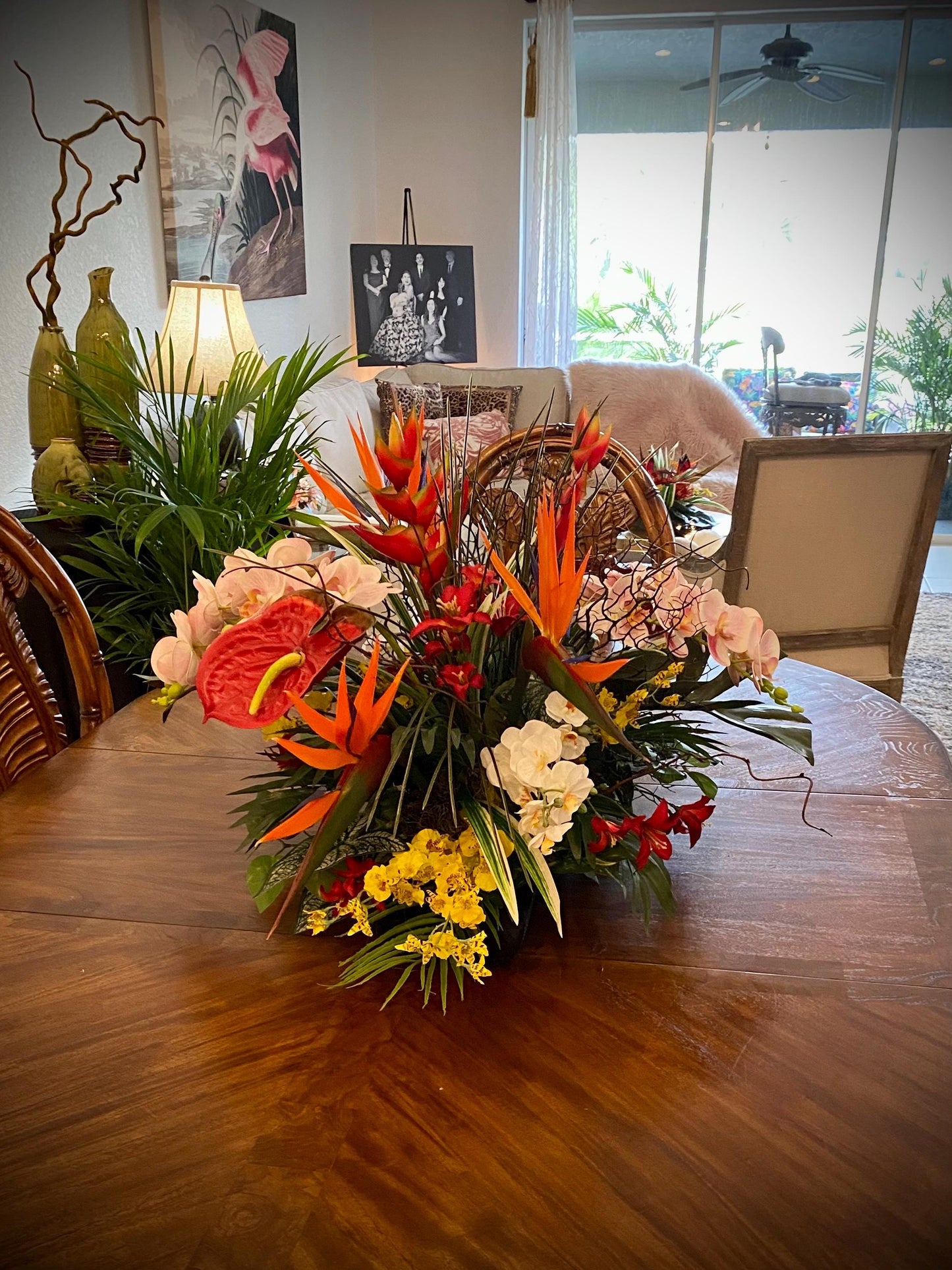 XL tropical arrangement with black wooden vessels. Heliconia, Bird of Paradise and Coral Fan.  Faux Floral Centerpiece,  (36x20x20) 8 pounds