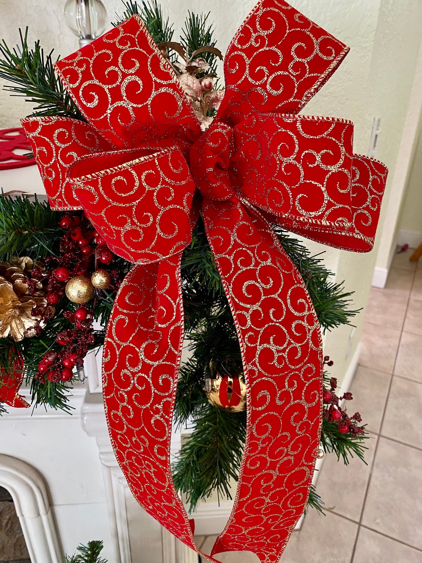 Red Swirl Ribbon Set of 4pc, Garland and 2 Topiaries. FREE SHIPPING. Cordless, Pre-lit, Timer.
