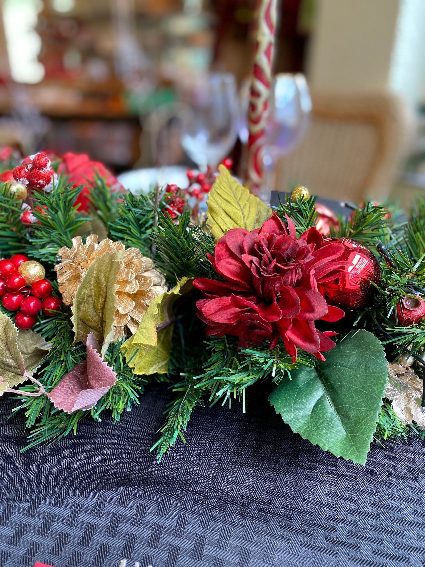 Peony Holiday Table Runner with Lights: Festive Centerpiece (36”)