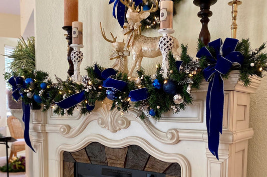 Christmas Garland. Blue Velvet Ribbon with silver trimmings/ backing, Cordless, FREE SHIPPING,  50 LED light cordless with timer,