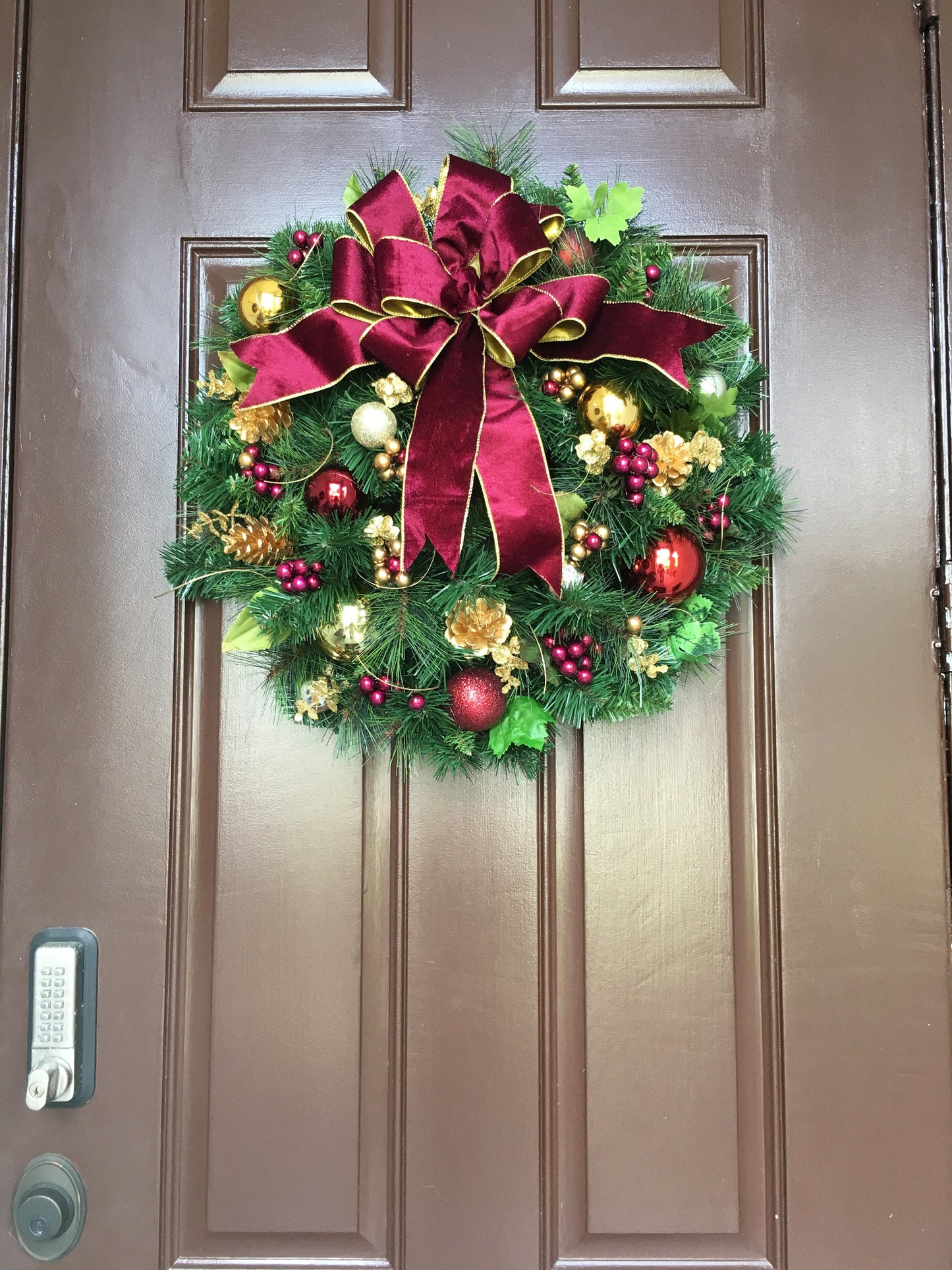 Burgundy Velvet Christmas Wreath with Cordless LED Timer Lights, Luxury Holiday Door Decor.