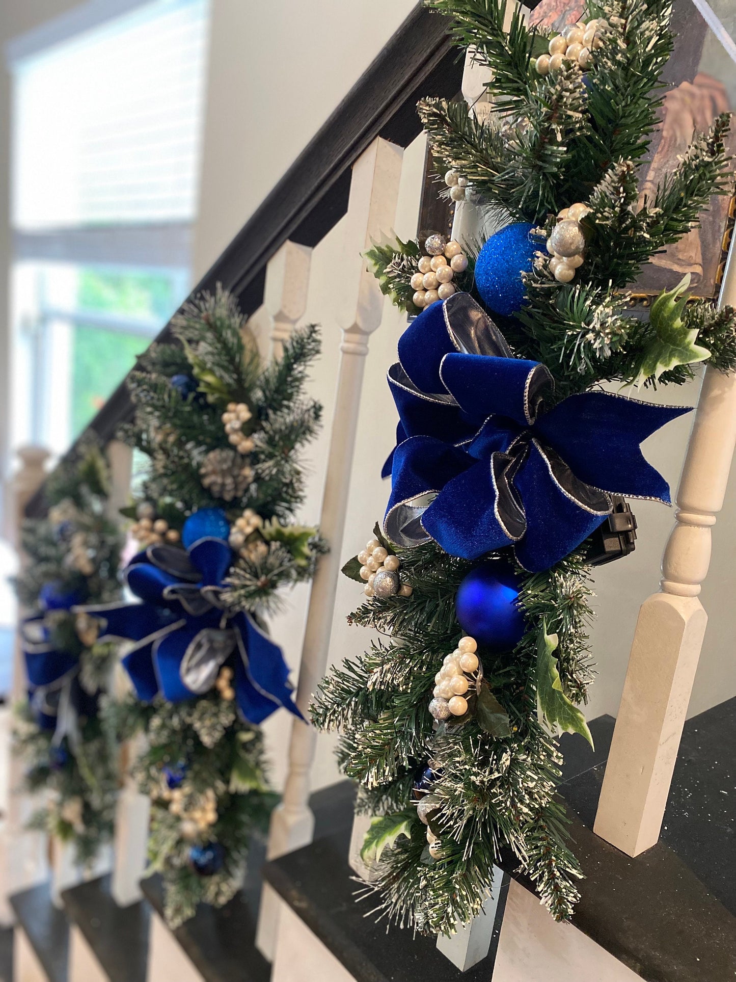 Luxury 3 pc Set Royal Blue Christmas Swag for Stairs,  Pre Lit with Automatic Timer Free Shipping,Artificial Vertical Swags.