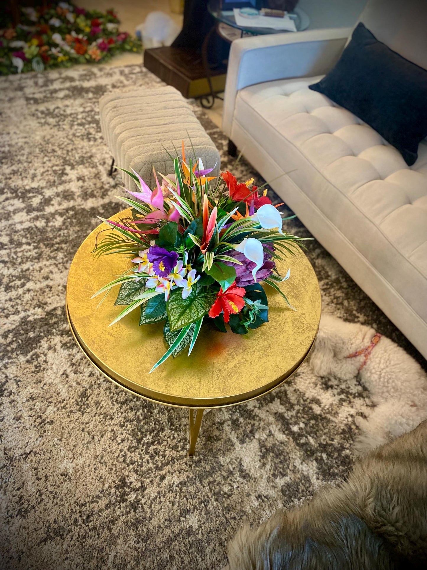 Hibiscus Paradise . 19x19x15  Tropical Centerpiece.  Beautiful Bird of paradise, King Protea,  Hibiscus, Orchids stems.  Artificial, Faux.