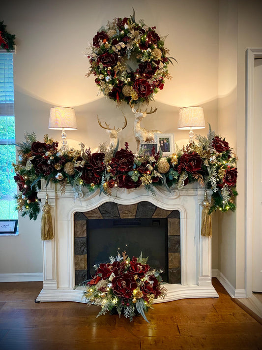 Signature Design, 3 pc set .   Stunning “Pinot Noir Magnolia”  Wreath,Garland and Center Piece,  Cordless LED light with Automatic Timer,