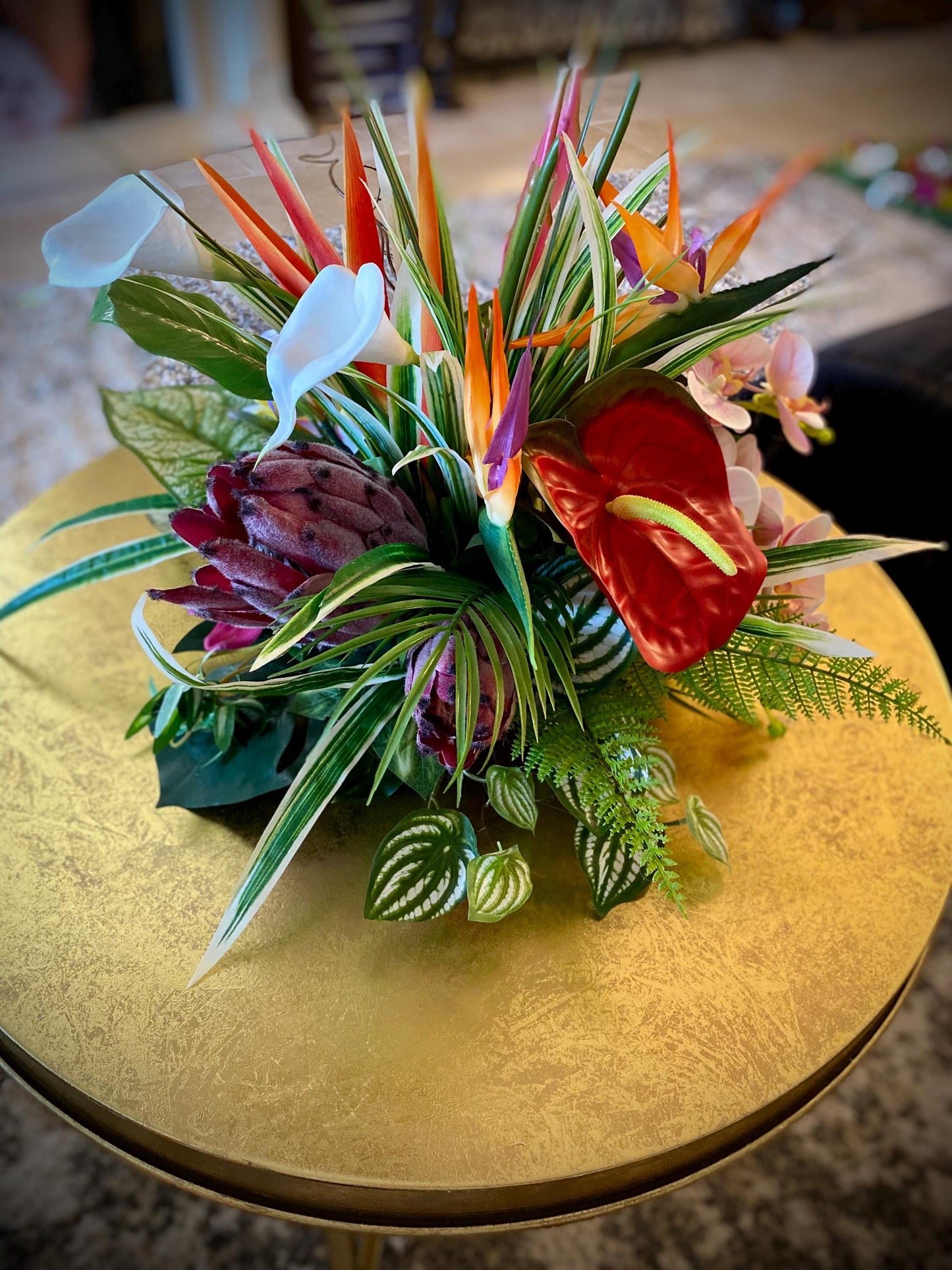 Paradise Found. 18x18x15  Tropical Centerpiece.  Beautiful Bird of paradise, King Protea, Orchids stems.  Artificial, Faux, Silk,