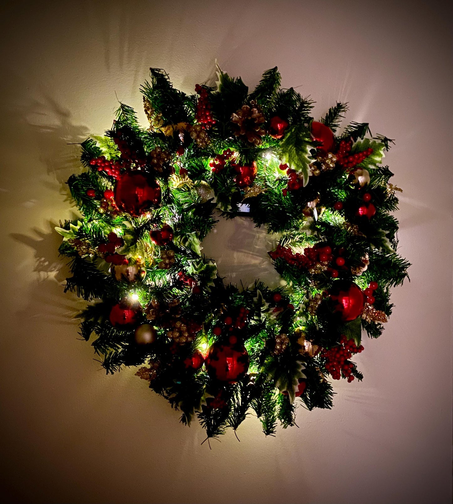 23" LED Christmas Wreath, Red Holly Berry Pine, Battery Operated Timer