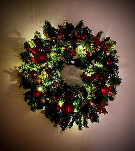 23" LED Christmas Wreath, Red Holly Berry Pine, Battery Operated Timer