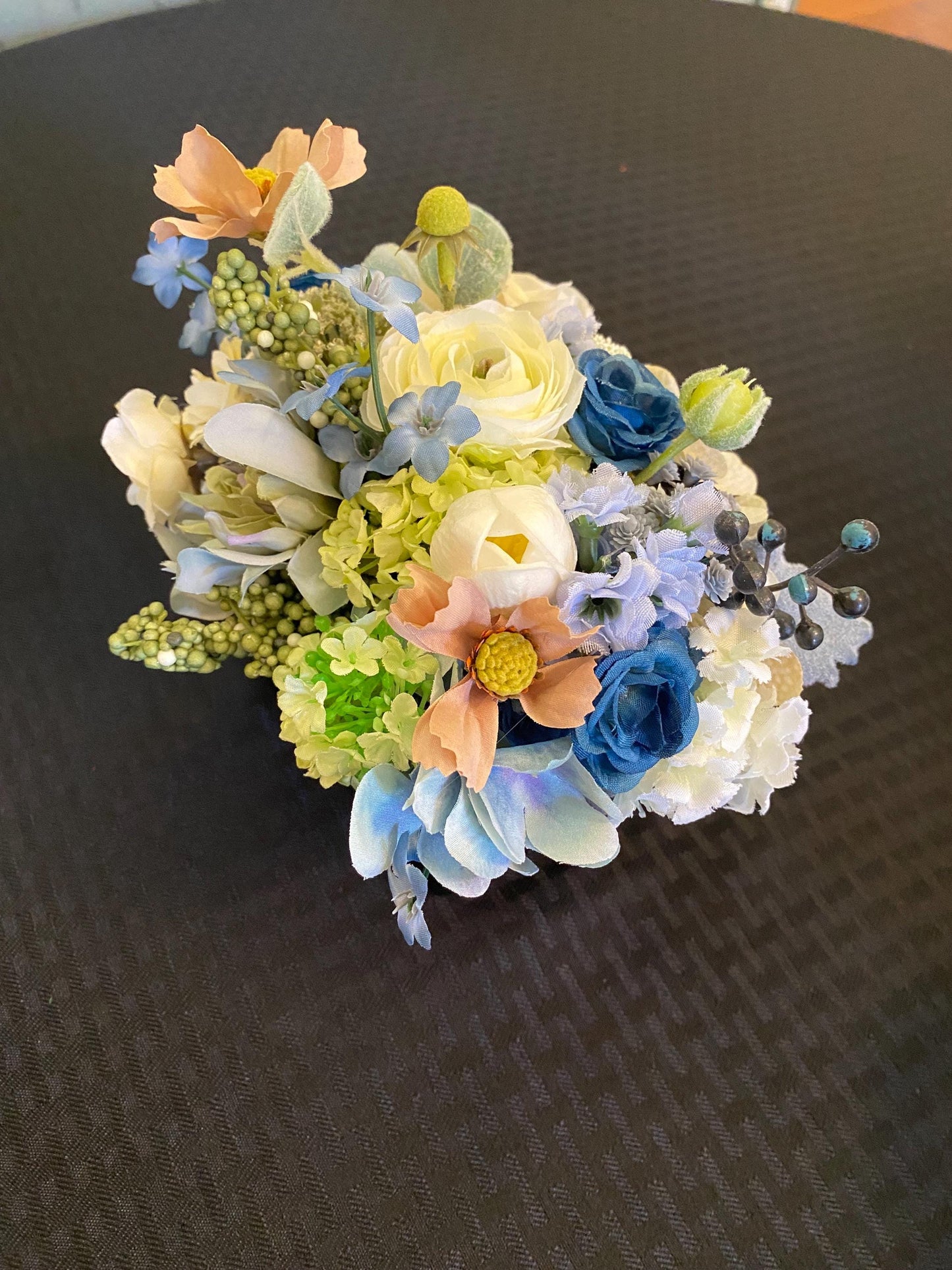 Little Blue Pavey Nosegay Beautiful Ranunculus and roses in black glass cube. Baby blue and ivory, Artificial ,  7"x7"