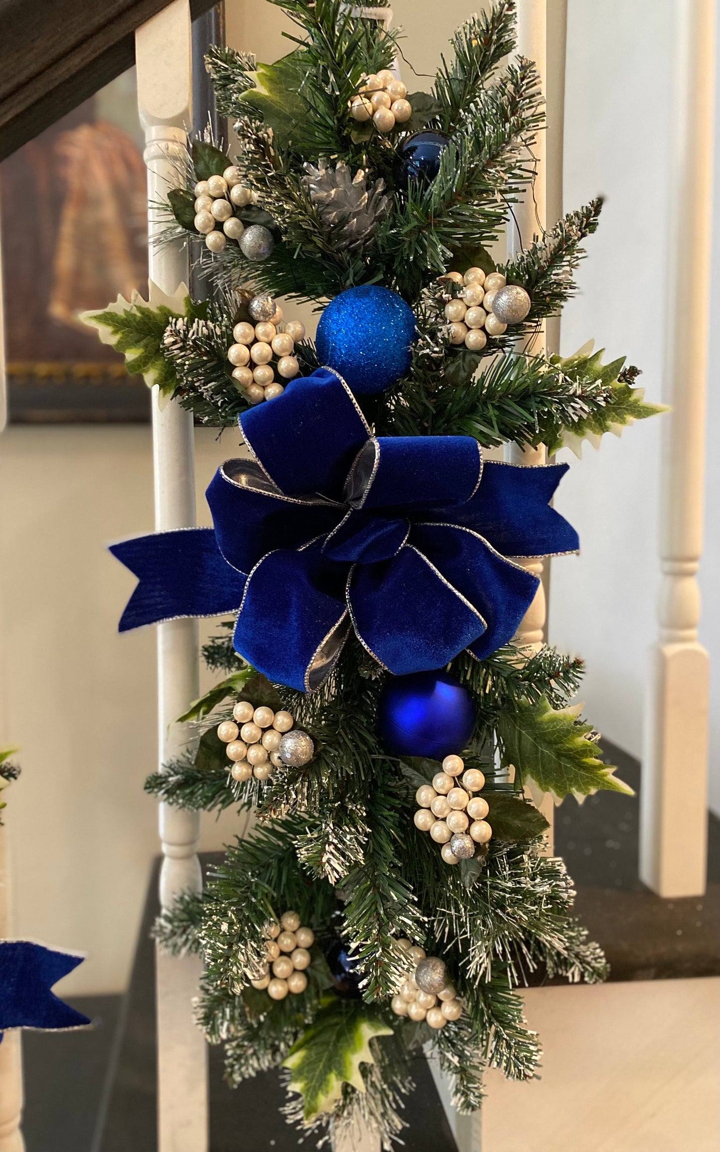 Luxury 3 pc Set Royal Blue Christmas Swag for Stairs,  Pre Lit with Automatic Timer Free Shipping,Artificial Vertical Swags.