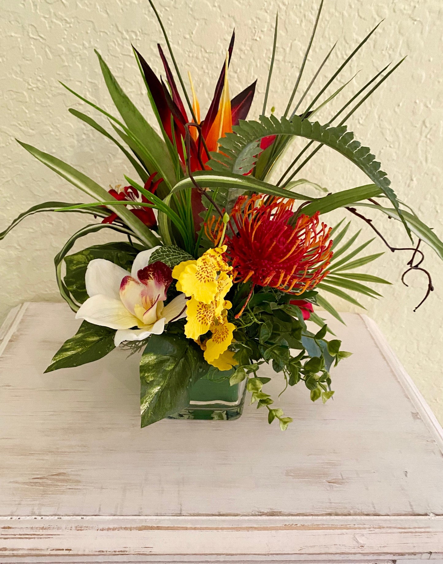 Nosegay  Tropical accent, 3" cube,  Artificial Arrangement, Bird of the paradise, Black  glass square