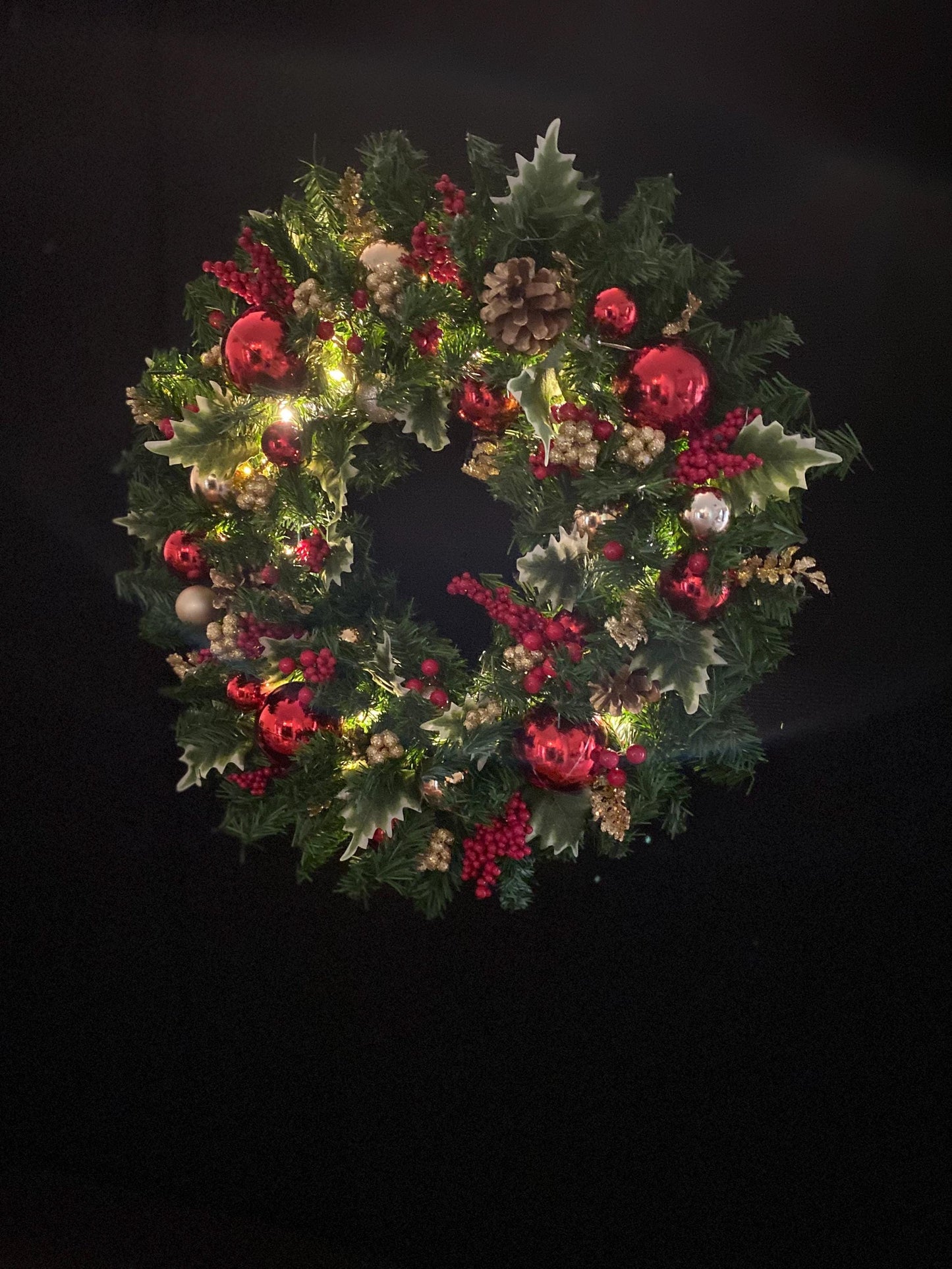 Red Holly Berry Christmas Wreath with Timer Lights, 23Inch Holiday Front Door Decor,