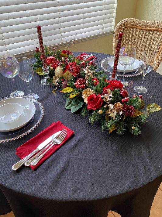 Peony Holiday Table Runner with Lights: Festive Centerpiece (36”)