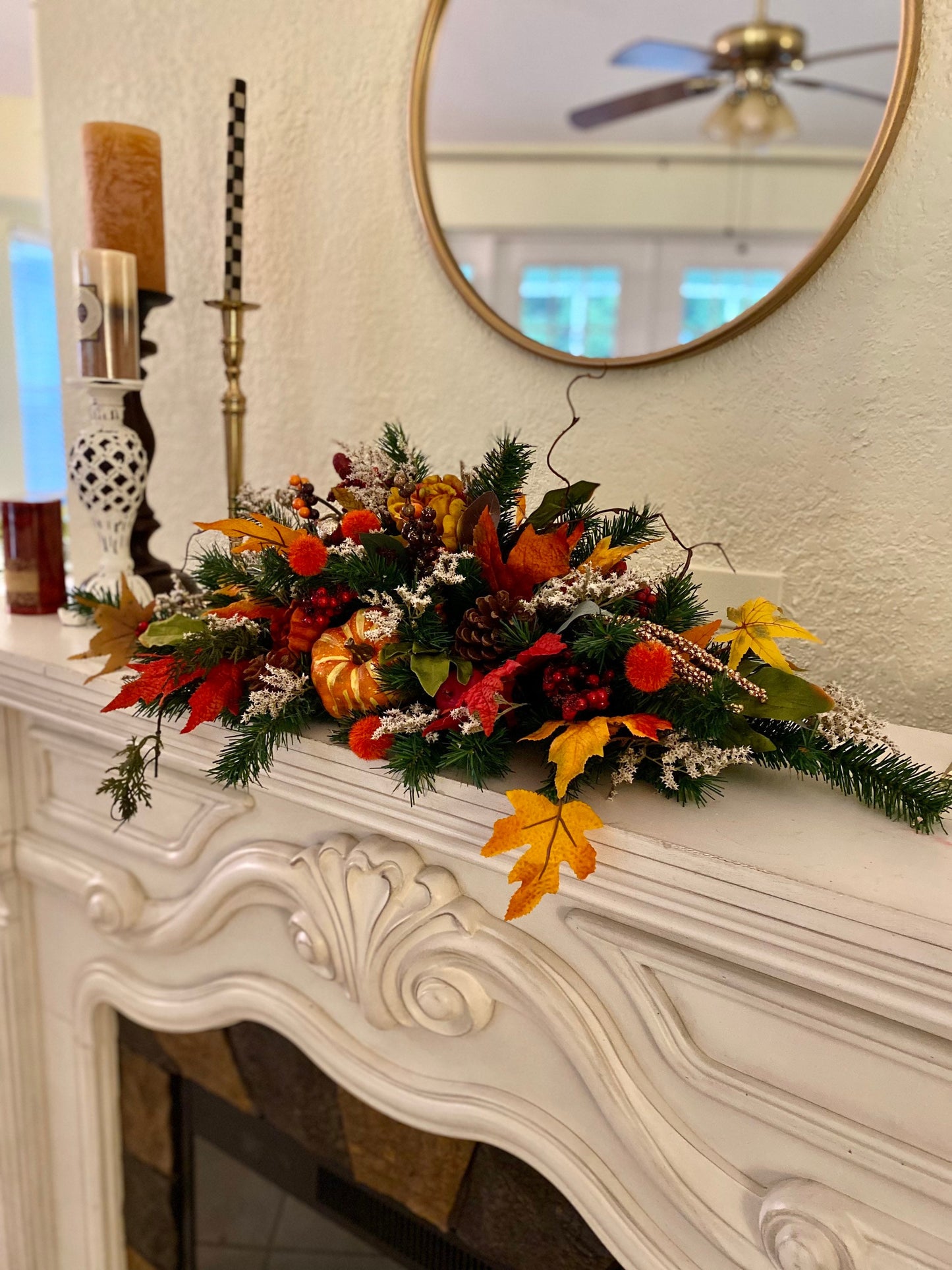 Fall Thanksgiving Centerpiece, Large Pumpkin Floral Arrangement, Autumn Table Decor, Mantle Decor. Faux Fall Flowers.