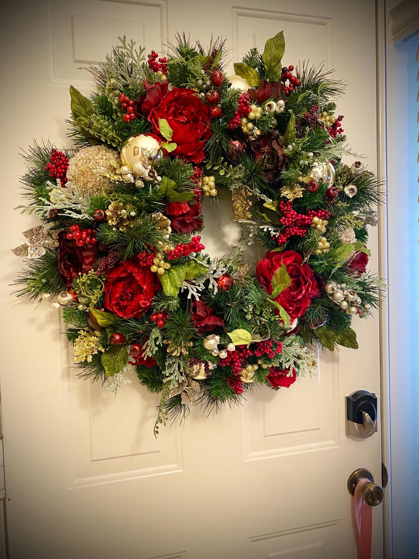 Wonderful Holiday Red Peony Wreath 2025 design.  Red Peony Artificial Wreath, 26" and up, LED cordless light. Free Shippings.